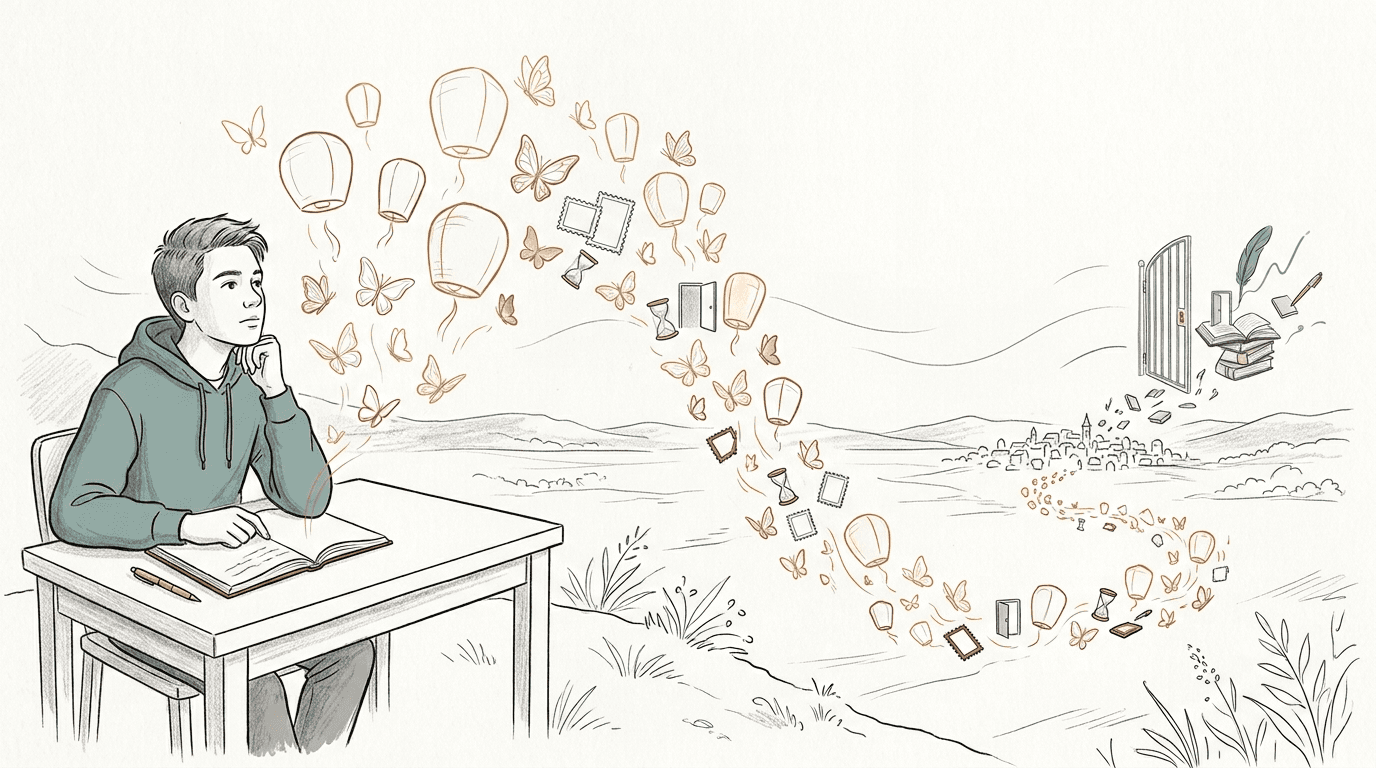 Line-art illustration of a daydreaming student at a desk, their imagination drifting outward as sky lanterns, butterflies, books, and open doors float across a landscape toward a distant town.