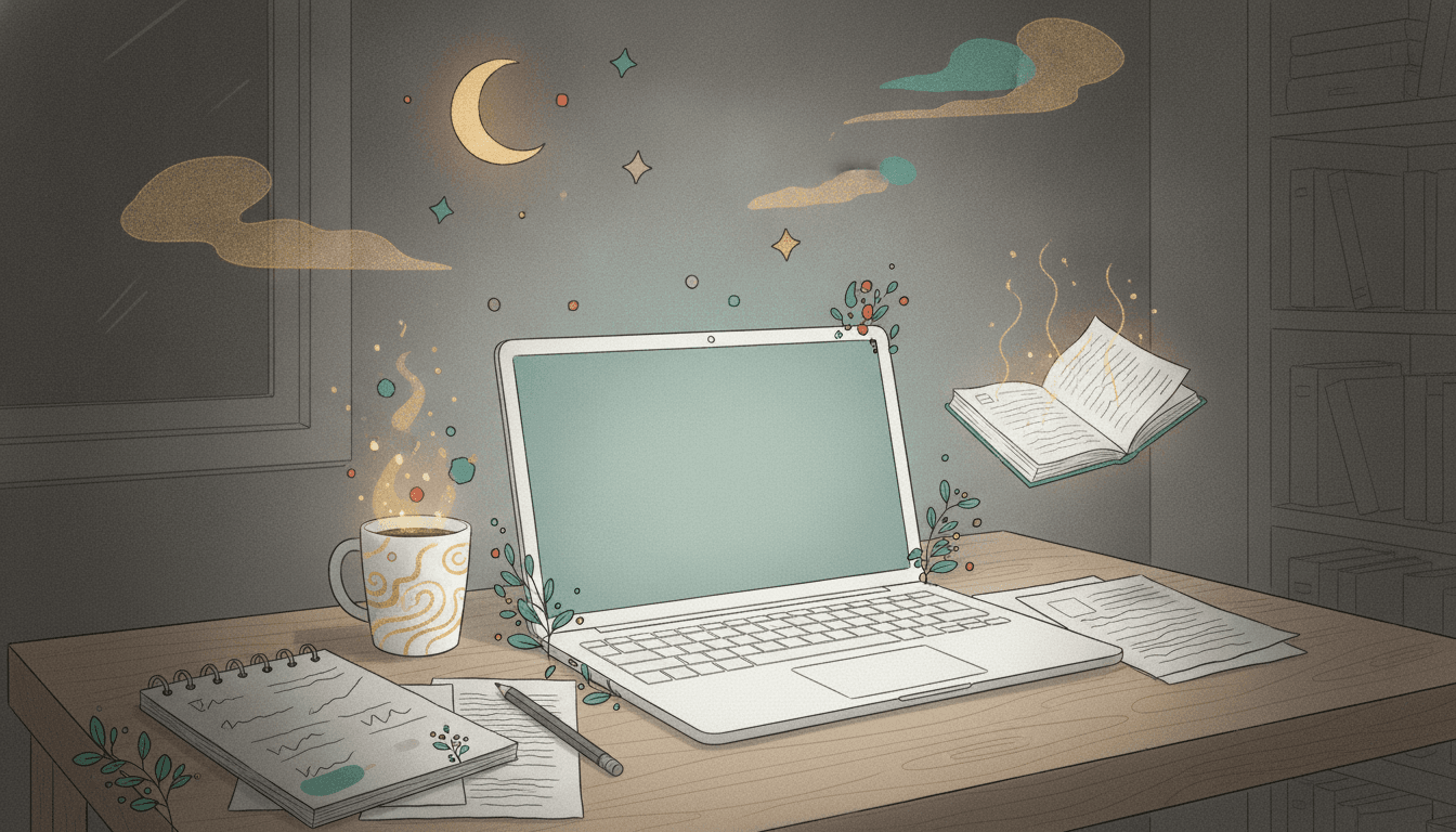 An empty desk lit by a laptop screen in a darkened room, a notebook and pencil pushed aside, suggesting a student working alone late at night