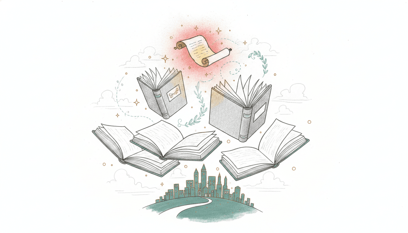 A collection of books floating over a landscape seemingly talking to one another.