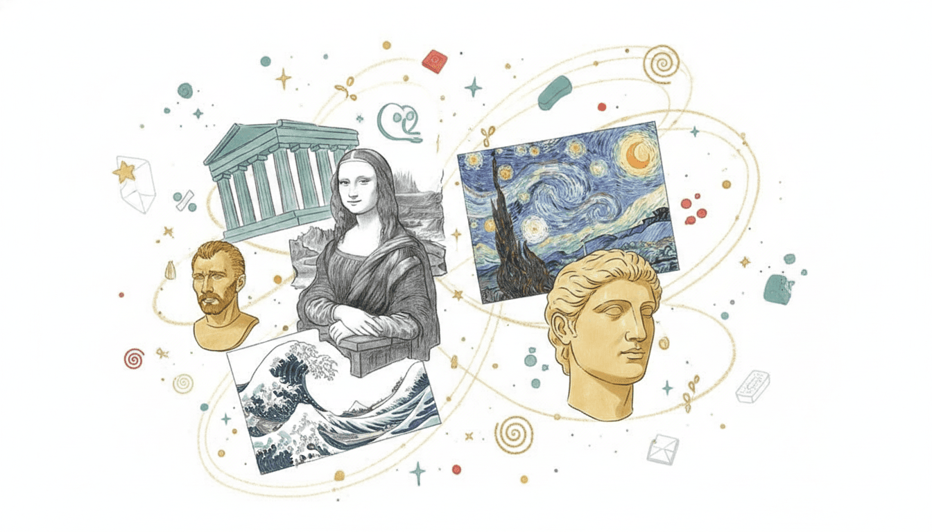 Artworks dancing in space with whimsical motifs, as if they are having an AP art history party