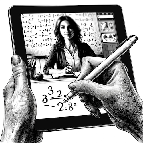 rough sketch of a student taking an online precalculus course with a tablet.