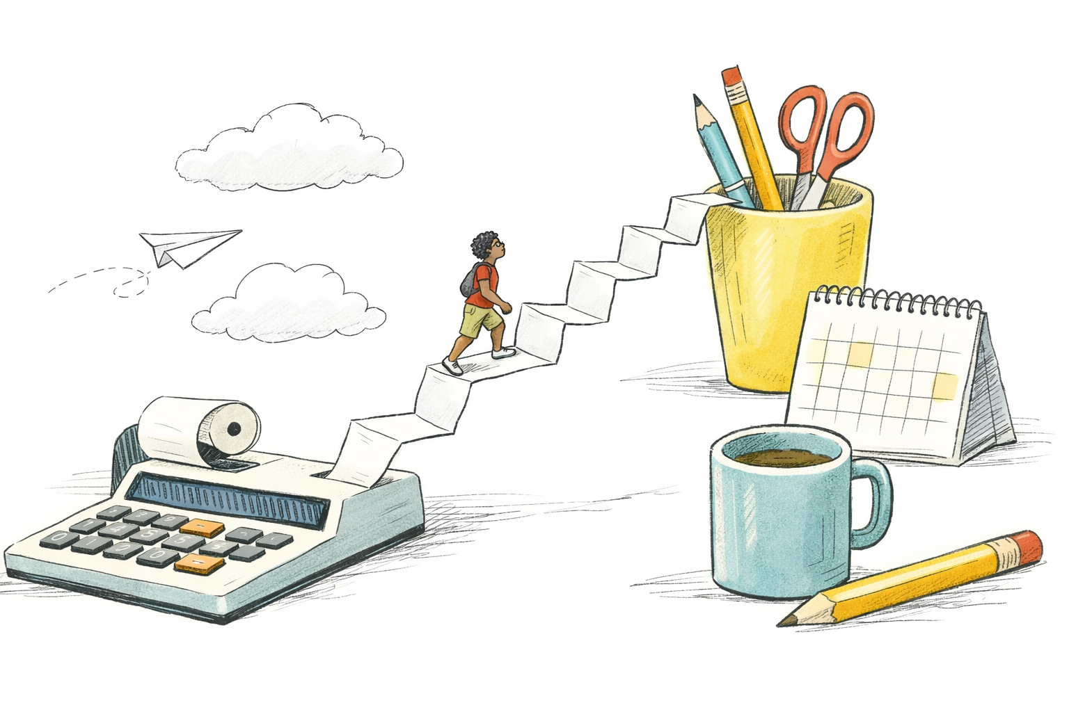 student climbing paper staircase